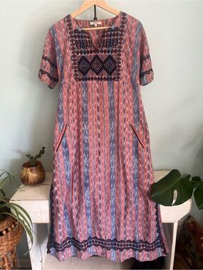 Madewell Coral and Navy Striped Embroidered Maxi Dress